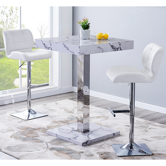 Topaz Diva Marble Effect Gloss Bar Table 2 Candid White Stools