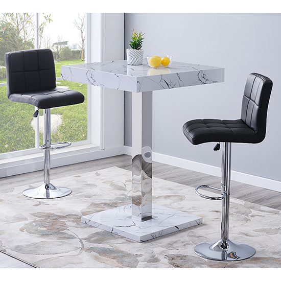 Topaz Vida Marble Effect Gloss Bar Table 2 Coco Black Stools