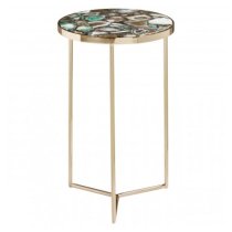 Sauna Round Agate Side Table With Gold Steel Frame In Green