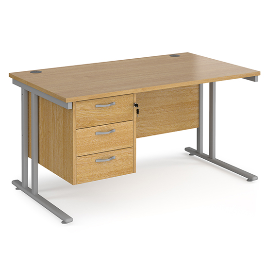 Melor 1400mm Cantilever 3 Drawers Computer Desk In Oak Silver