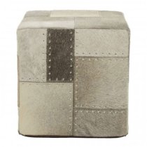 Safire Leather Patchwork Pouffe In Grey