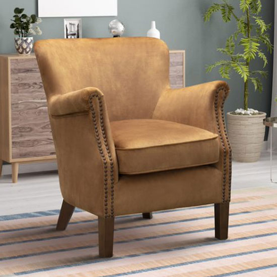 Harlow Velvet Upholstered Vintage Armchair In Caramel