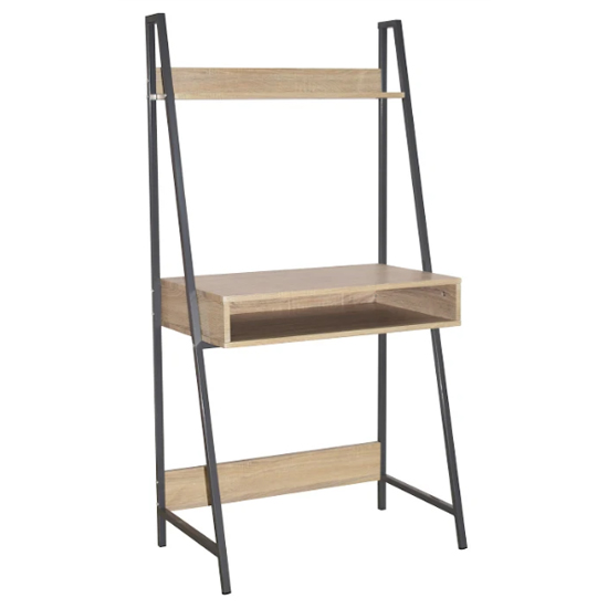 Leith Wooden Ladder Bookcase Desk In Oak And Grey Metal Frame