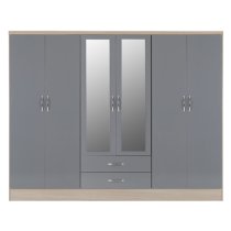 Mark Oak Wooden Wardrobe With 6 Doors Grey Gloss Front