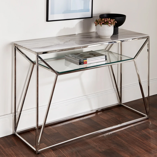 Pocatello Marble Effect Glass Console Table With Silver Frame