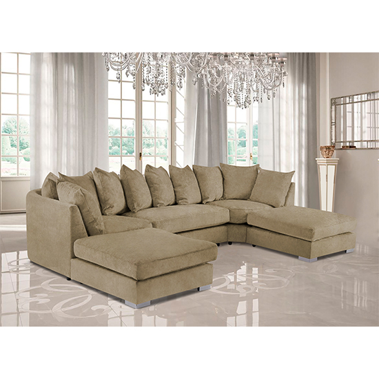 Boise U-Shape Plush Velour Fabric Corner Sofa In Parchment