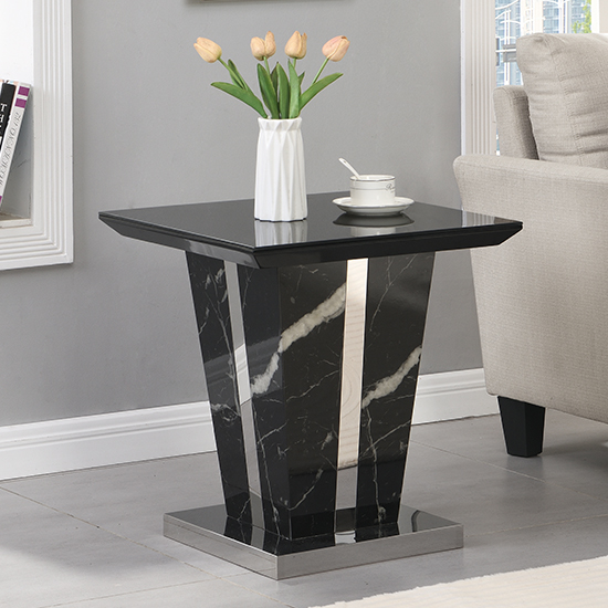 Memphis Gloss Lamp Table In Milano Marble Effect With Glass Top