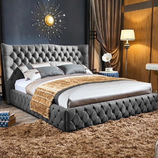 Greeley Plush Velvet Small Double Bed In Grey