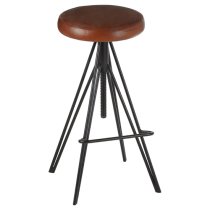 Santorini Round Brown Leather Stool With Black Metal Leg