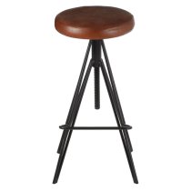 Santorini Round Brown Leather Stool With Black Metal Leg