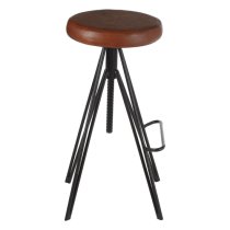 Santorini Round Brown Leather Stool With Black Metal Leg