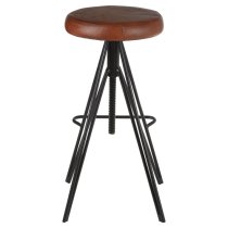 Santorini Round Brown Leather Stool With Black Metal Leg