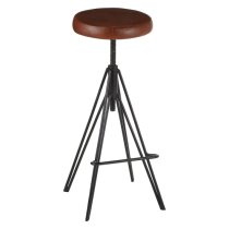 Santorini Round Brown Leather Stool With Black Metal Leg