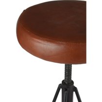 Santorini Round Brown Leather Stool With Black Metal Leg