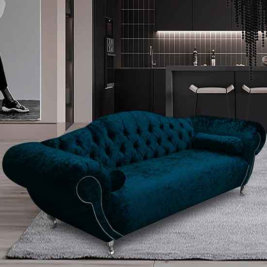 Huron Malta Plush Velour Fabric 3 Seater Sofa In Peacock