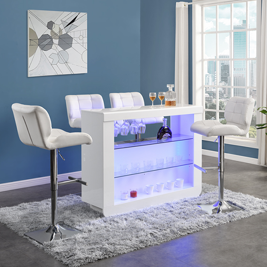 Fiesta White High Gloss Bar Table With 4 Candid White Stools