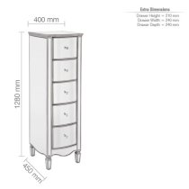 Elyssa Mirrored Chest 5 Of Drawers Narrow In Silver