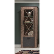 Gerald LED Tall Wooden Display Cabinet In Matera And Brown Oak