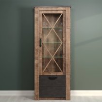 Gerald LED Tall Wooden Display Cabinet In Matera And Brown Oak