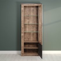 Gerald LED Tall Wooden Display Cabinet In Matera And Brown Oak