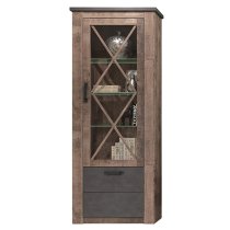 Gerald LED Tall Wooden Display Cabinet In Matera And Brown Oak