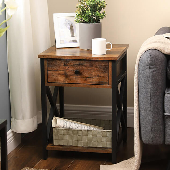 Kearney Wooden Industrial Bedside Cabinet In Rustic Brown