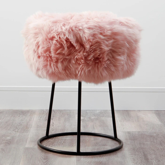 Bovril Sheepskin Stool With Black Metal Legs In Blush Pink