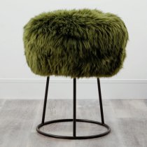 Bovril Sheepskin Stool With Black Metal Legs In Olive Green