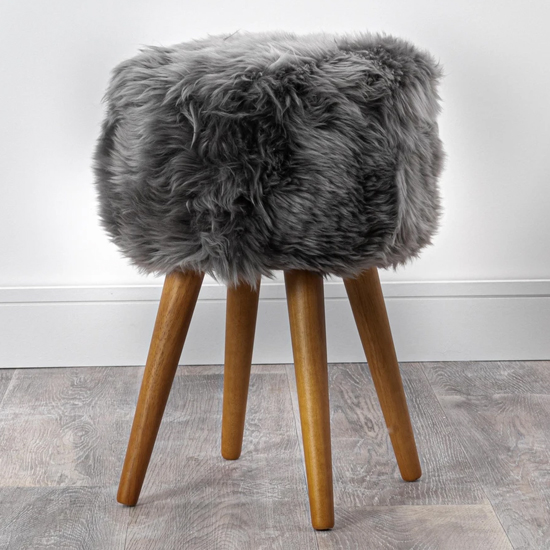 Bovril Sheepskin Stool With Oak Wooden Legs In Grey