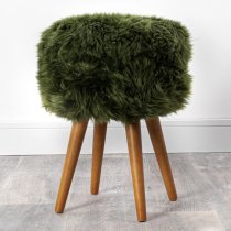 Bovril Sheepskin Stool With Oak Wooden Legs In Olive Green