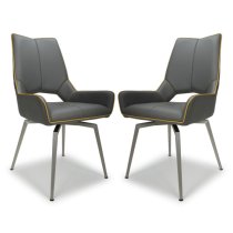 Mosul Swivel Leather Effect Graphite Grey Dining Chairs In Pair