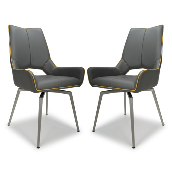 Mosul Swivel Leather Effect Graphite Grey Dining Chairs In Pair