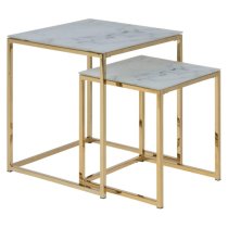 Arcata White Marble Glass Nest Of 2 Table Square With Gold Frame