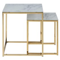 Arcata White Marble Glass Nest Of 2 Table Square With Gold Frame