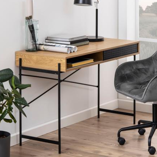 Avila Wooden Computer Desk With Sliding Door In Matt Wild Oak