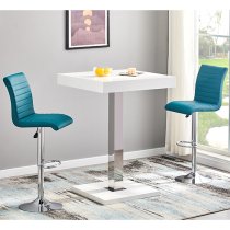 Topaz White High Gloss Bar Table With 2 Ripple Teal Stools