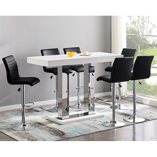 Caprice Large White Gloss Bar Table 6 Ripple Black Stools