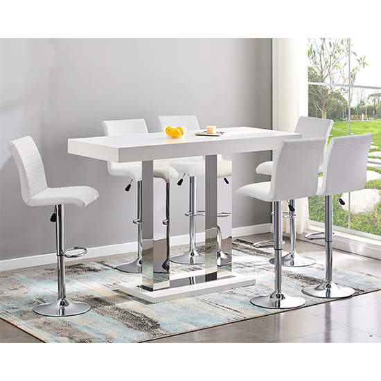 Caprice Large White Gloss Bar Table 6 Ripple White Stools