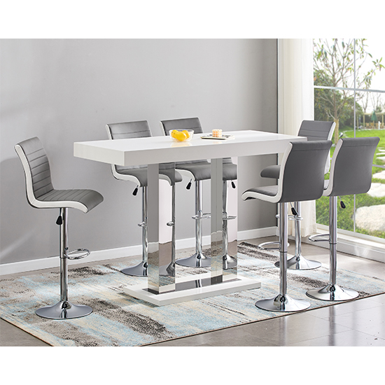 Caprice Large White Gloss Bar Table 6 Ritz Grey White Stools