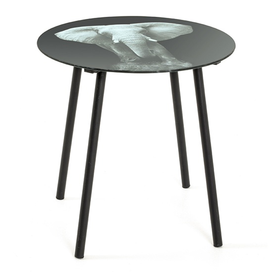 Simons Glass Side Table In Elephant Print With Black Metal Legs