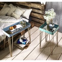 Selma Mirrored Side Table In Blue With Gold Metal Legs