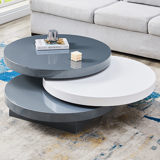 Triplo Round High Gloss Rotating Coffee Table In Grey And White