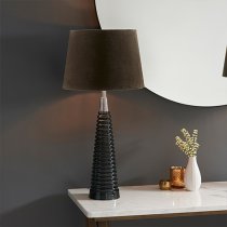 Naia Mocca Velvet Shade Table Lamp In Dark Grey Ribbed Glass