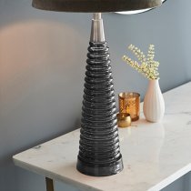 Naia Mocca Velvet Shade Table Lamp In Dark Grey Ribbed Glass