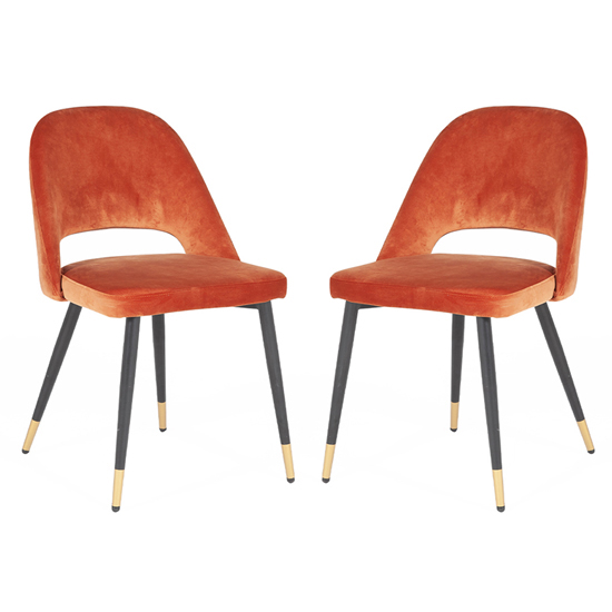 Biretta Rust Velvet Dining Chairs With Metal Frame In Pair