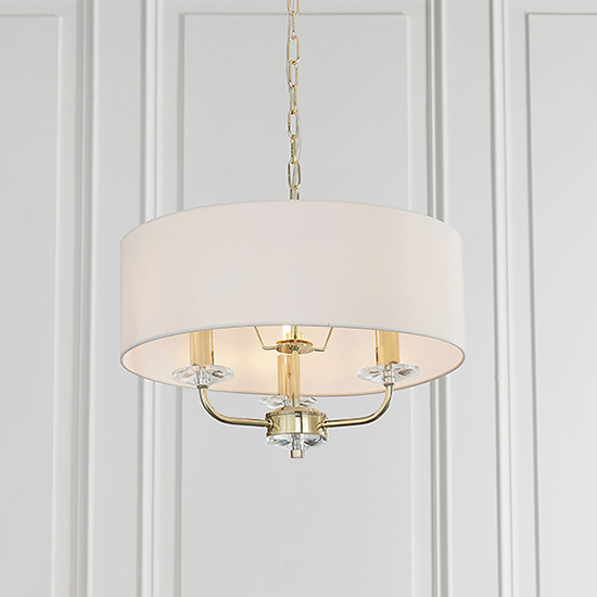 Nixon 3 Lights White Fabric Pendant Light In Brass