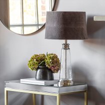 Winslet Grey Velvet Shade Table Lamp In Clear Glass Base