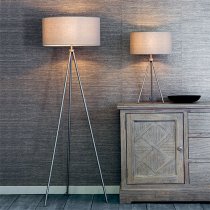 Tri Grey Linen Mix Fabric Shade Floor Lamp In Matt Nickel