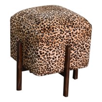 Clarkia Velvet Footstool In Leopard Print With Solid Wood Legs