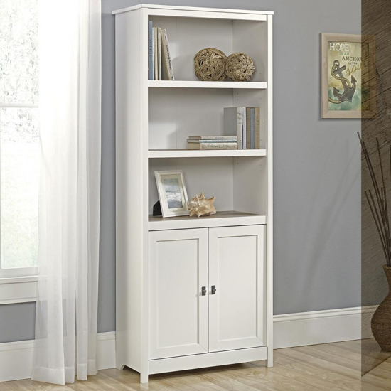 Saginaw Wooden Bookcase With 2 Doors In Soft White And Lintel Oak